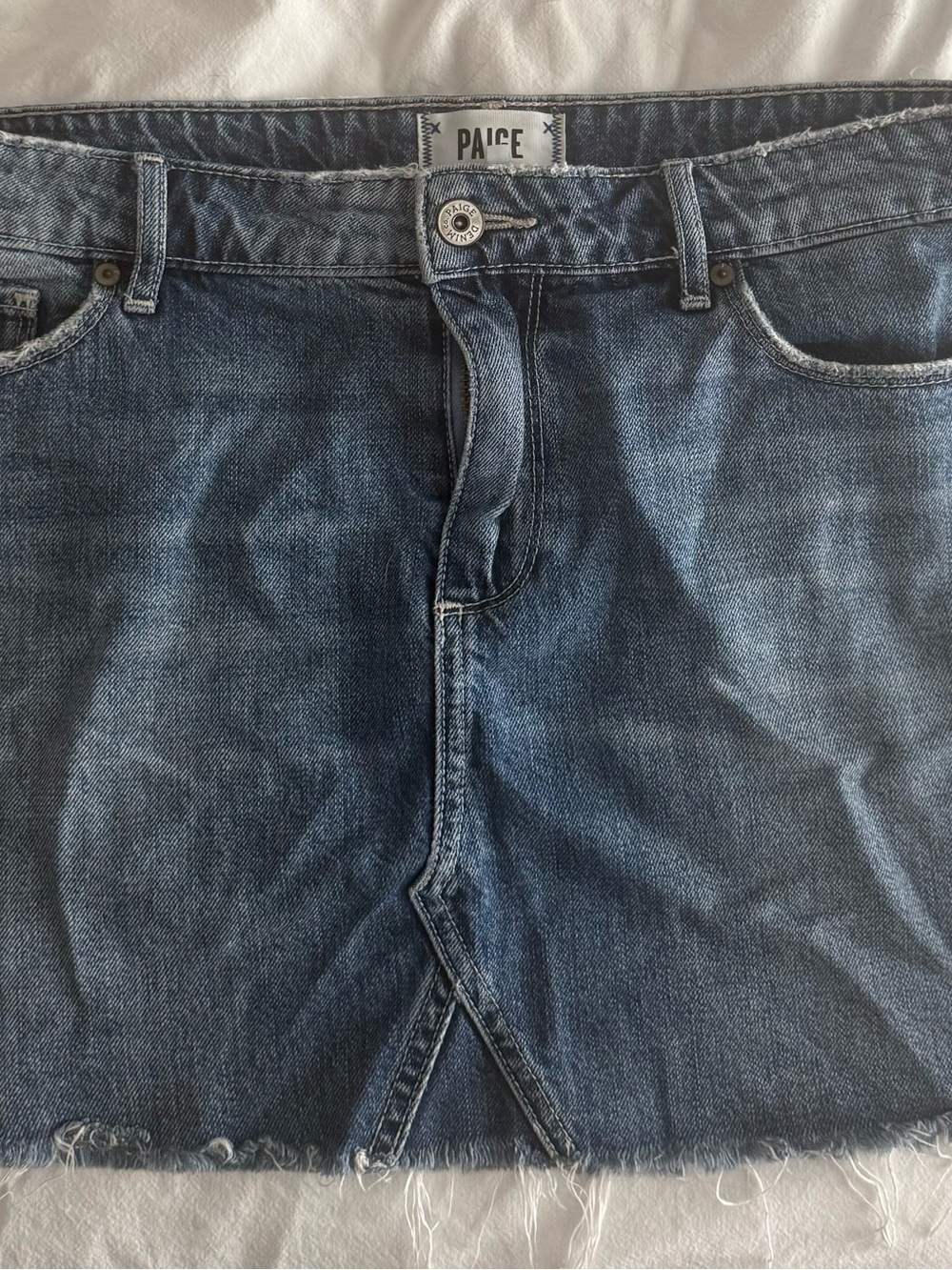 PAIGE Blue Denim Mini Skirt with Frayed Hem